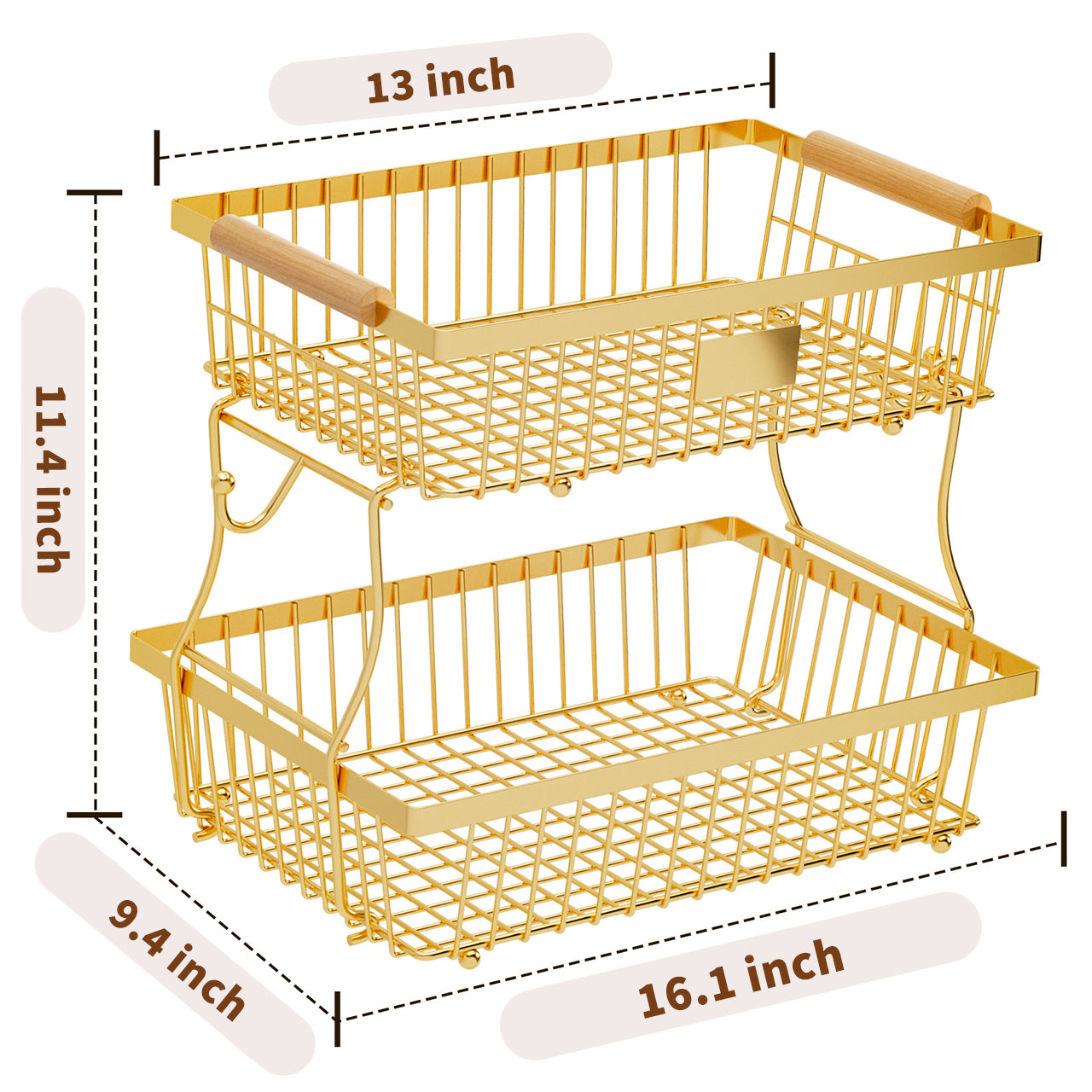 Shelf Detachable Double-Layer Handheld Wooden Handle Fruit Storage Rack