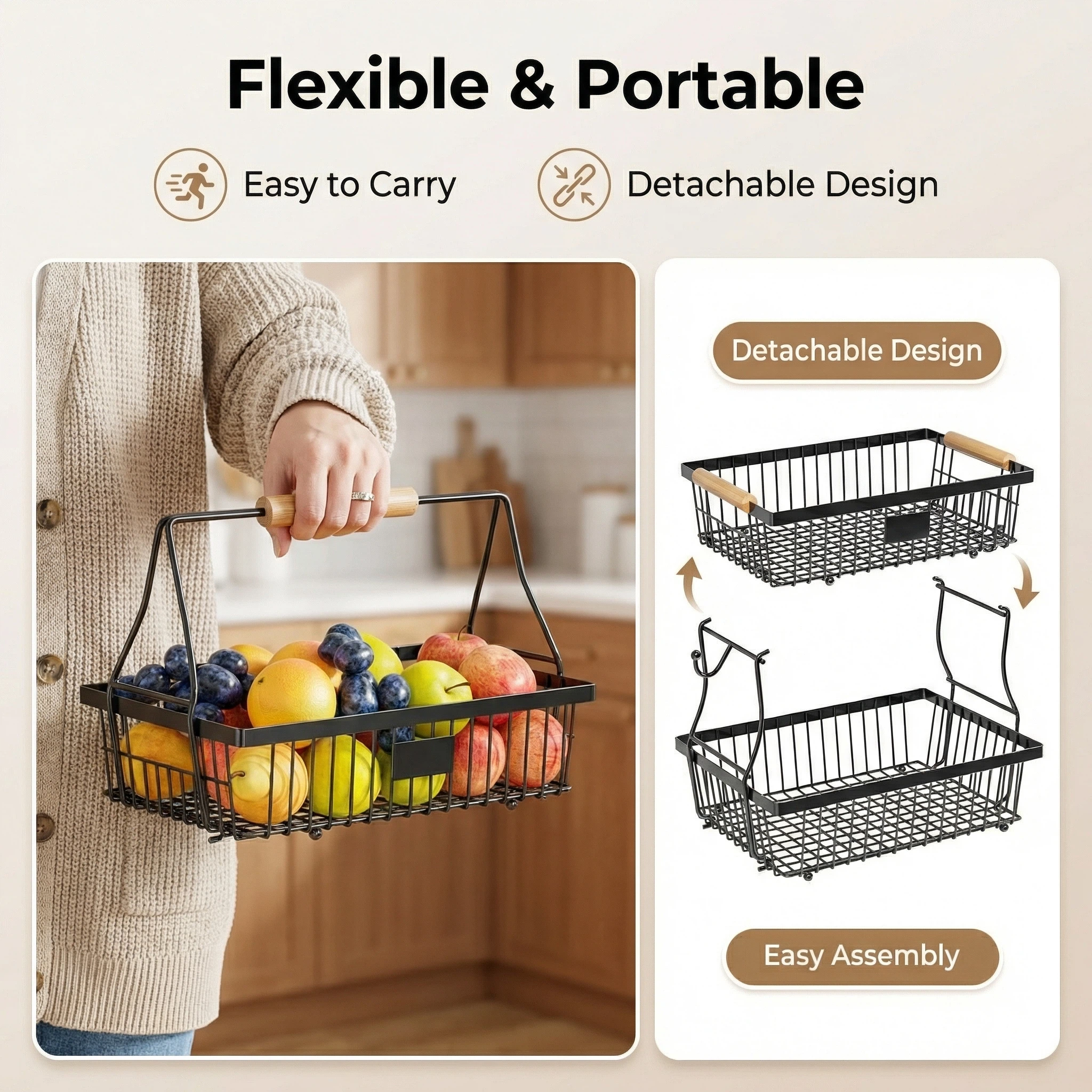 Shelf Detachable Double-Layer Handheld Wooden Handle Fruit Storage Rack