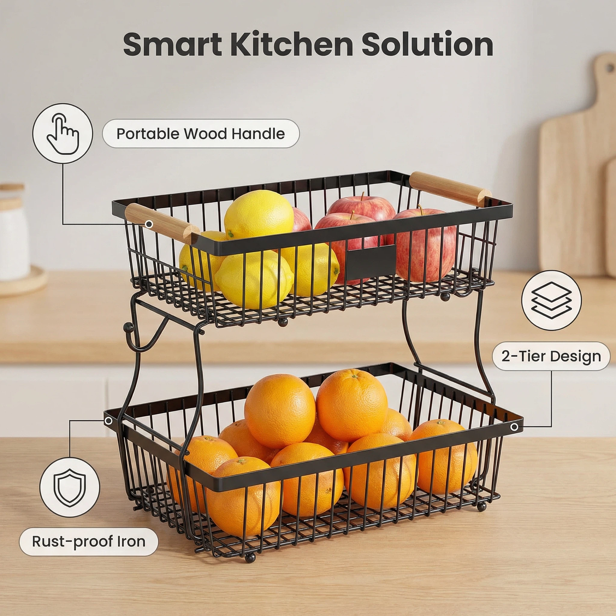Shelf Detachable Double-Layer Handheld Wooden Handle Fruit Storage Rack